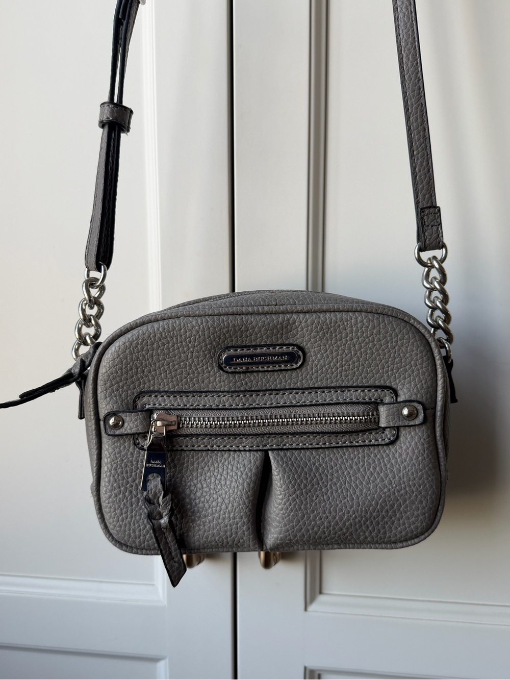 Dana Buchman Pebbled Leather Crossbody in Gray with Silver Hardware